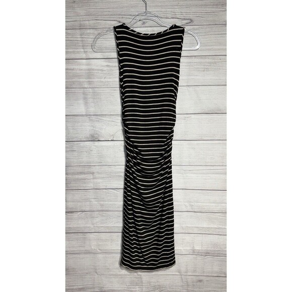 Athleta Comeback Tank Midi Dress Ruched Sleeveless Striped Black Beige SZ SMALL - Picture 3 of 5